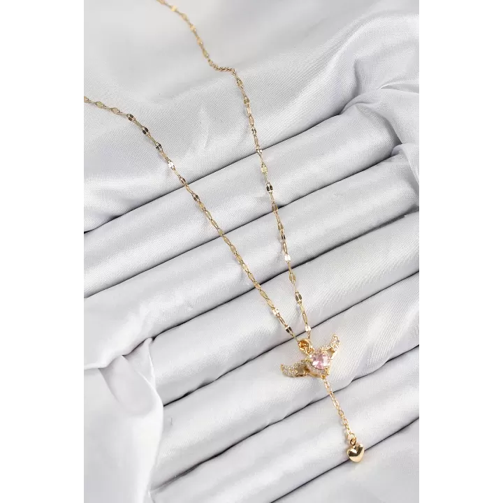 316L Çelik Zirkon Taşlı Melek Kanadı Detaylı Kalp Model Gold Renk Kadın Kolye