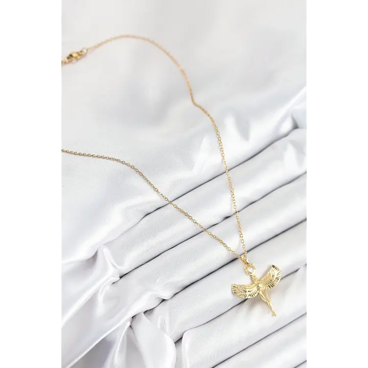 316L Çelik Zirkon Taşlı Melek Model Gold Renk Kadın Kolye