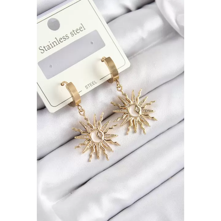 316L Çelik Zirkon Taşlı Sallantılı Güneş Model Gold Renk Kadın Küpe