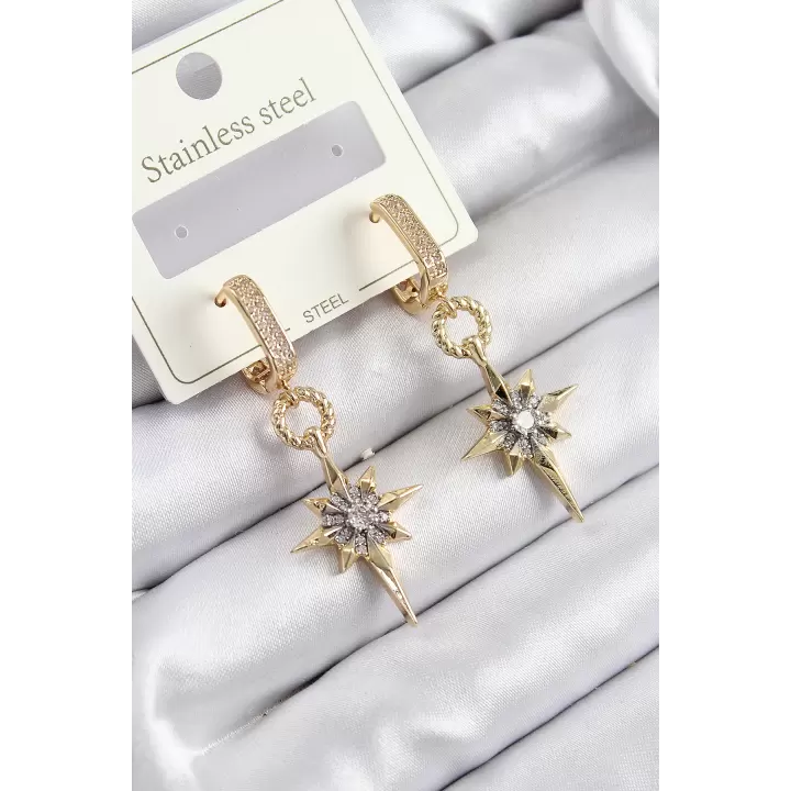 316L Çelik Zirkon Taşlı Sallantılı Kutup Yıldızı Model Gold Ve Gümüş Renk Kadın Küpe