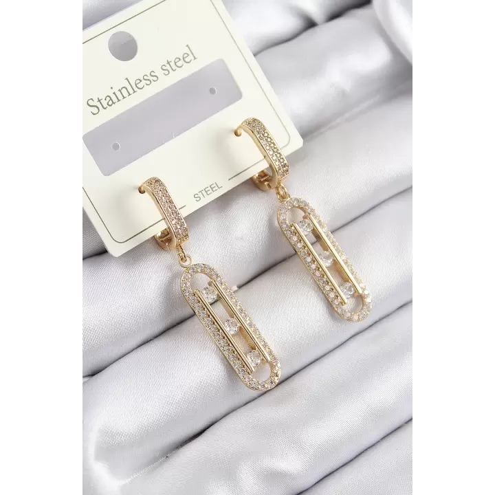 316L Çelik Zirkon Taşlı Sallantılı Messika Model Gold Renk Kadın Küpe