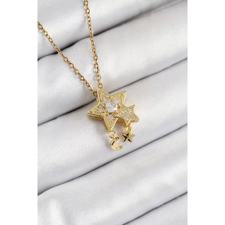 316L Çelik Zirkon Taşlı Sallantılı Yıldız Model Gold Renk Kadın Kolye