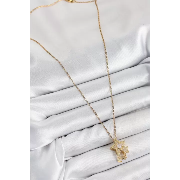 316L Çelik Zirkon Taşlı Sallantılı Yıldız Model Gold Renk Kadın Kolye