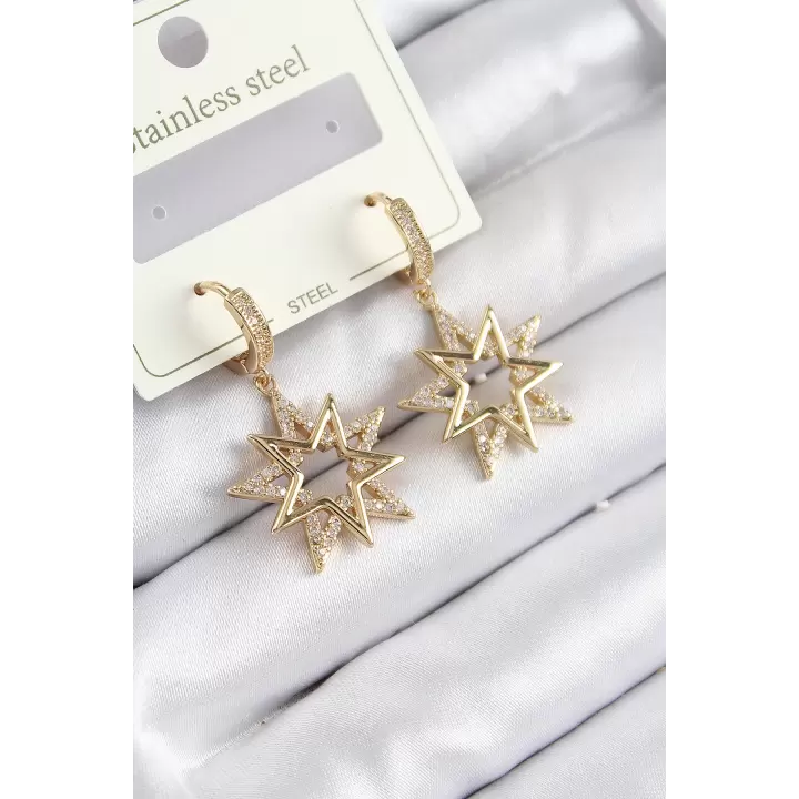 316L Çelik Zirkon Taşlı Sallantılı Yıldız Model Gold Renk Kadın Küpe