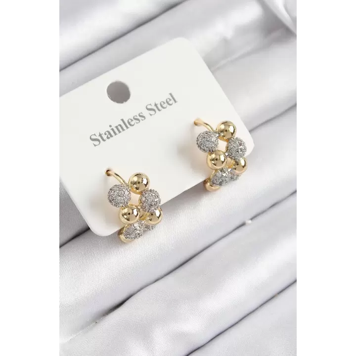 316L Çelik Zirkon Taşlı Topçuk Halka Model Gold Ve Gümüş Renk Kadın Küpe