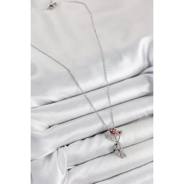 316L Çelik Zirkon Taşlı Uçan Balonlu Ayıcık Model Gümüş Renk Kadın Kolye