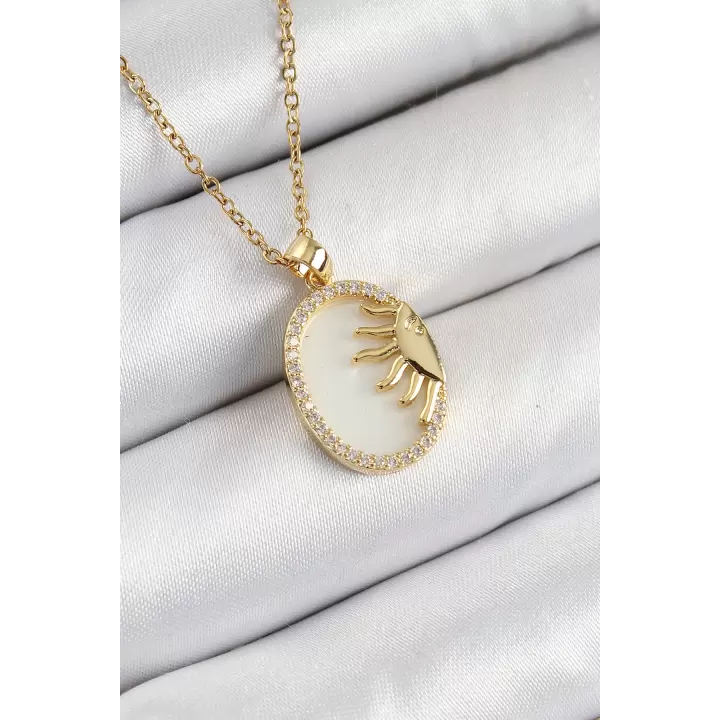 316L Çelik Zirkon Taşlı Yarım Güneş Model Gold Renk Kadın Kolye