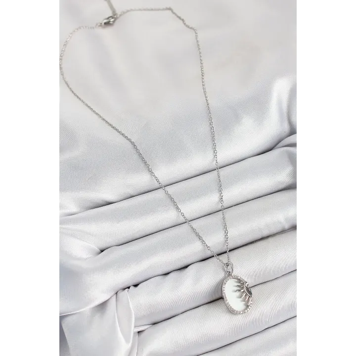 316L Çelik Zirkon Taşlı Yarım Güneş Model Gümüş Renk Kadın Kolye