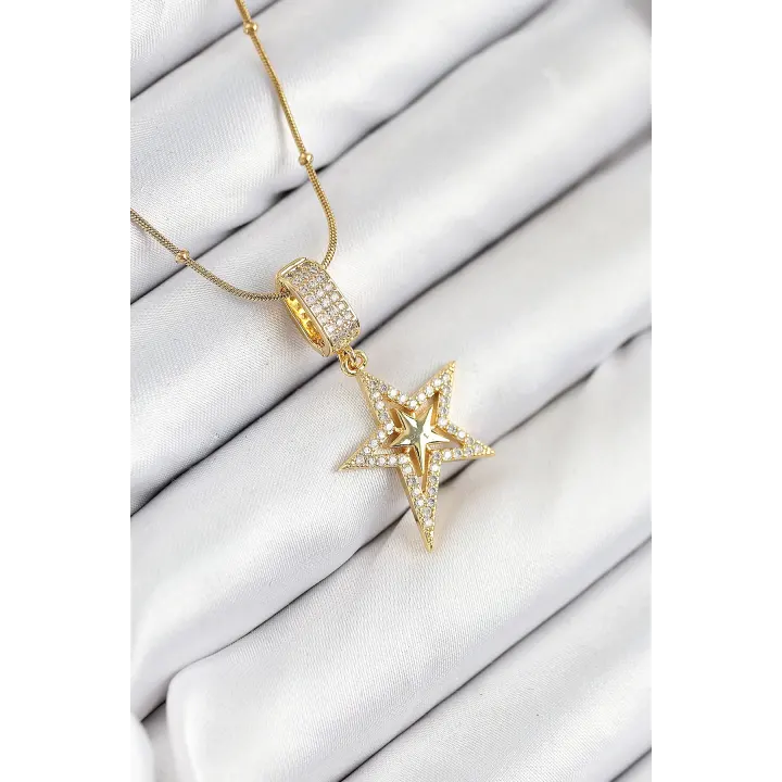 316L Çelik Zirkon Taşlı Yıldız Model Gold Renk Kadın Kolye