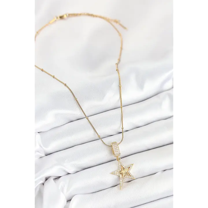 316L Çelik Zirkon Taşlı Yıldız Model Gold Renk Kadın Kolye