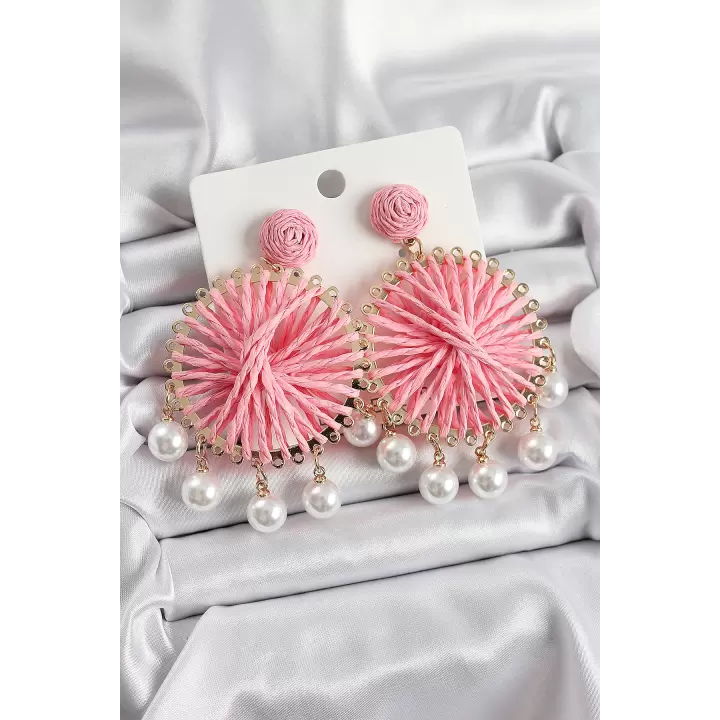 Açık Pembe Hasır Örgü Sarmal Model Sallantılı İnci Detaylı Gold Renk Kadın Küpe