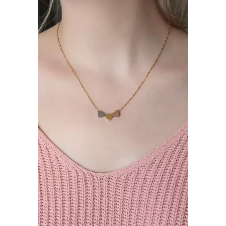 Çelik 3 Renkli Minimal 3lü Kalp Kolye