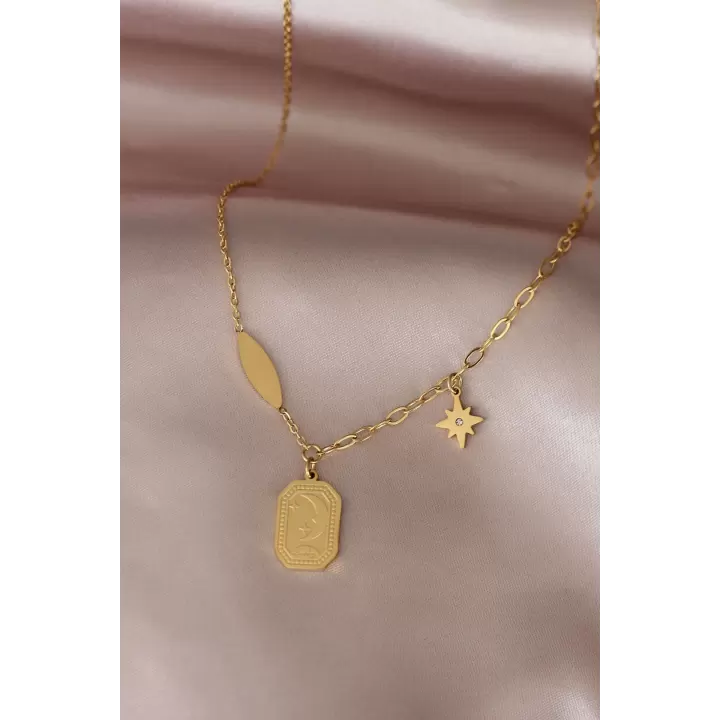Çelik Gold Renk Gökyüzü Tasarımlı Zirkon Taşlı Kadın Kolye