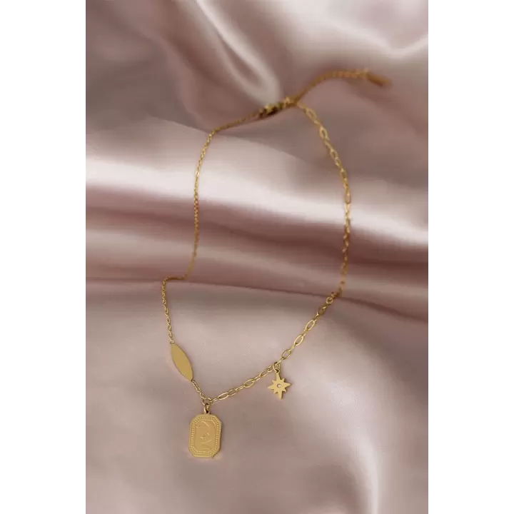 Çelik Gold Renk Gökyüzü Tasarımlı Zirkon Taşlı Kadın Kolye