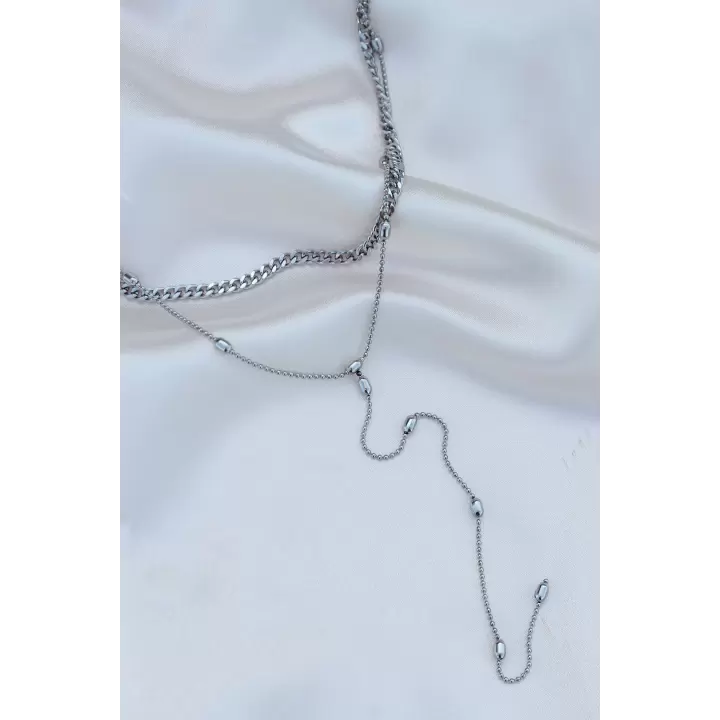 Çelik Gümüş Renk Çift Zincirli Kolye