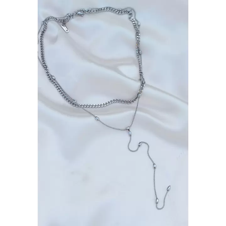 Çelik Gümüş Renk Çift Zincirli Kolye