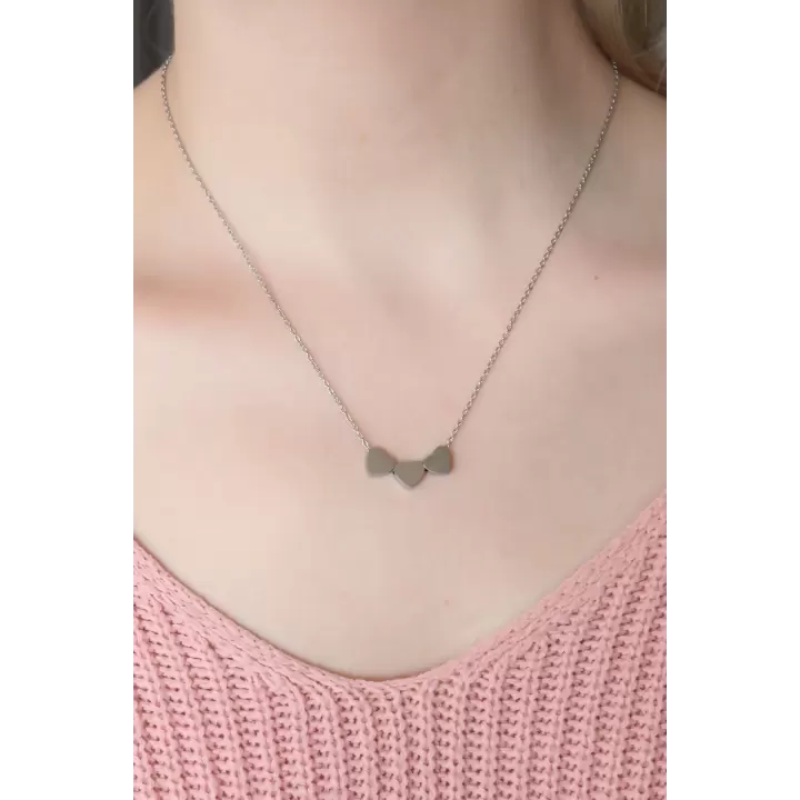 Çelik Gümüş Renk Minimal 3lü Kalp Kolye