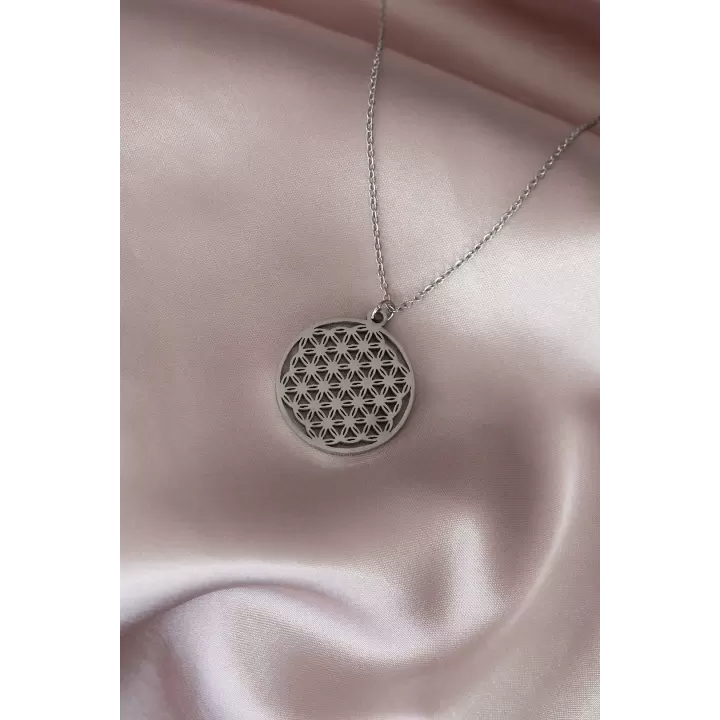 Çelik Silver Renk Yaşam Çiçeği Tasarımlı Kadın Kolye