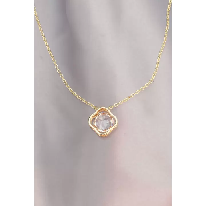 Çiçek Model Zirkon Taş Detaylı Gold Metal Zincirli Kadın Kolye