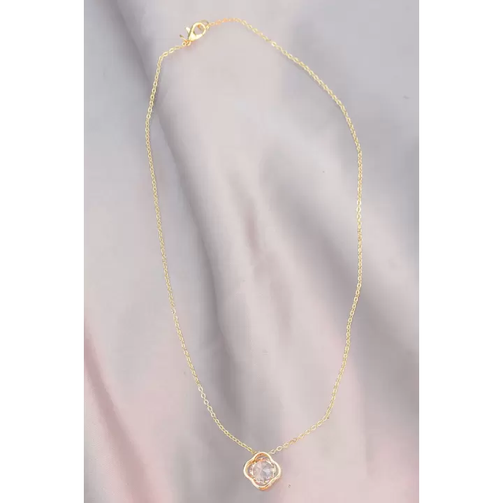Çiçek Model Zirkon Taş Detaylı Gold Metal Zincirli Kadın Kolye