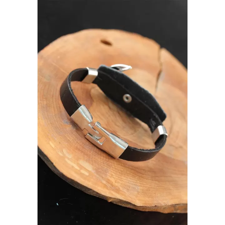 Deniz Çapalı Metal Aksesuarlı Siyah Renk Deri Erkek Bileklik