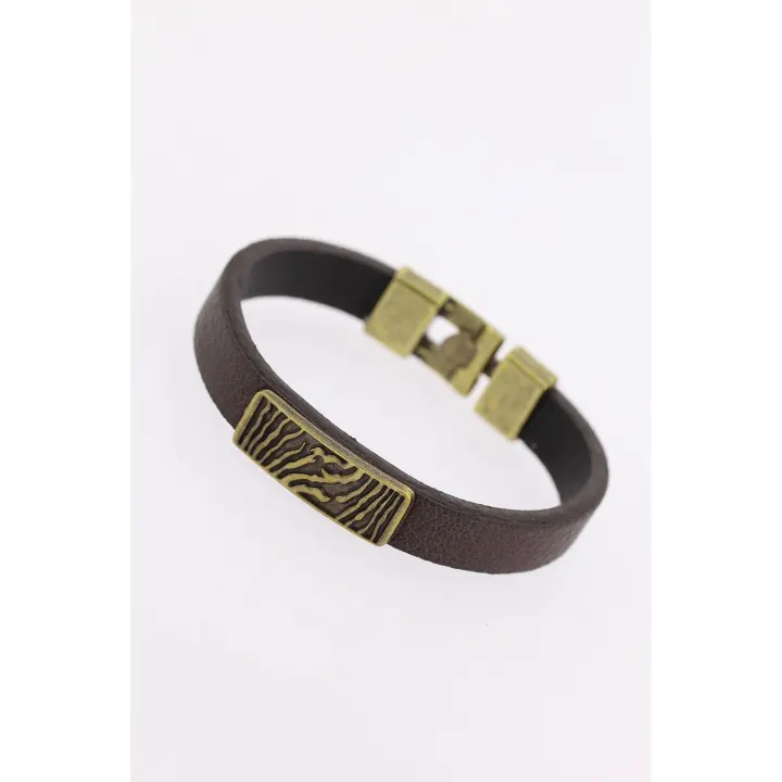 Eskitme Metal Zebra Aksesuarlı Kahverengi Deri Erkek Bileklik