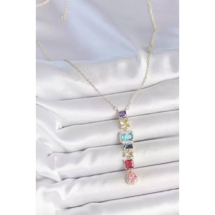 Gold Karışık Renk Zirkon Taşlı Y Pirinç Kolye