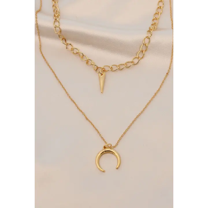 Gold Renk Metal Çift Zincirli Aksesuarlı Kolye