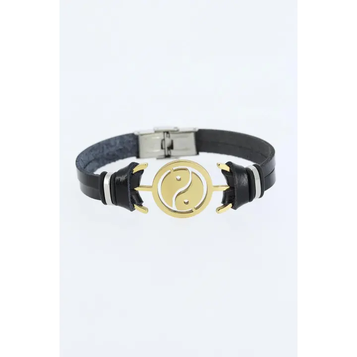 Gold Renk Yin Yang Figürlü Metal Aksesuarlı Siyah Renk Deri Erkek Bileklik