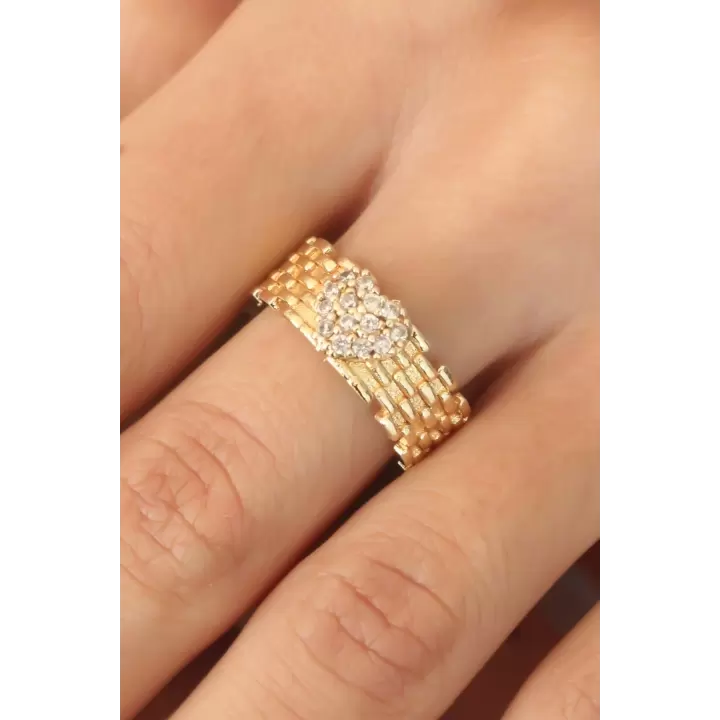 Gold Renk Zirkon Taşlı Kalpli Kadın Yüzük