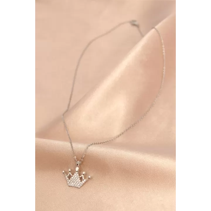 Gümüş Renk Metal Zirkon Taşlı Taç Kolye