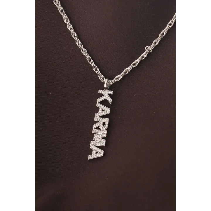 Gümüş Renkli Zirkon Taşlı Karma Yazılı Kolye