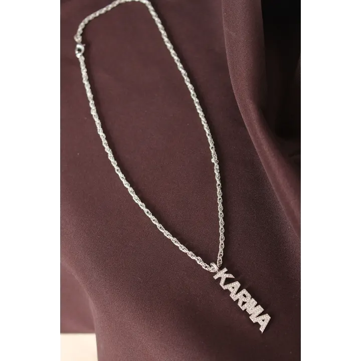 Gümüş Renkli Zirkon Taşlı Karma Yazılı Kolye