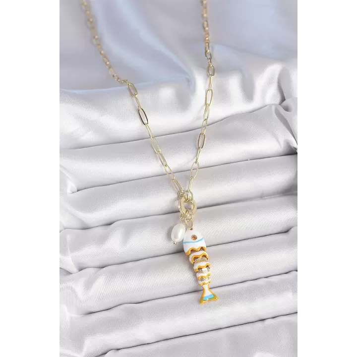 İnci Detaylı Zirkon Taşlı Beyaz Balık Figürlü Gold Renk Pirinç Kolye