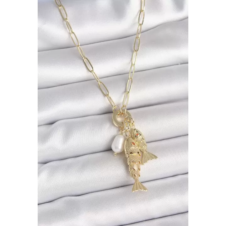 İnci Detaylı Zirkon Taşlı Çiftli Balık Figürlü Gold Renk Pirinç Kolye