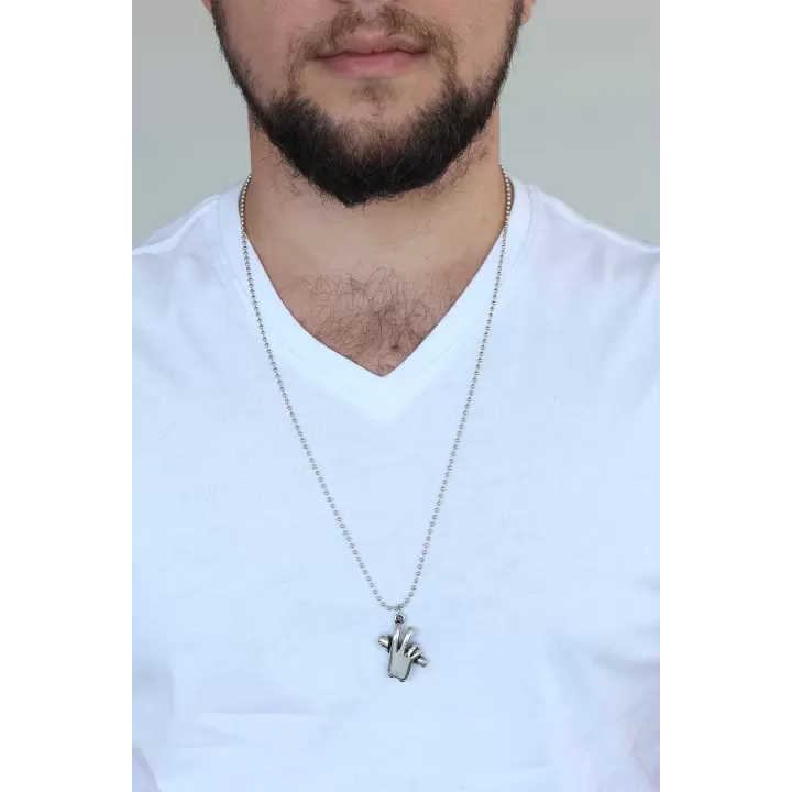 Krom Kaplama Kararmaz Gümüş Renk Metal Mikrofon ve El Tasarım Erkek Kolye