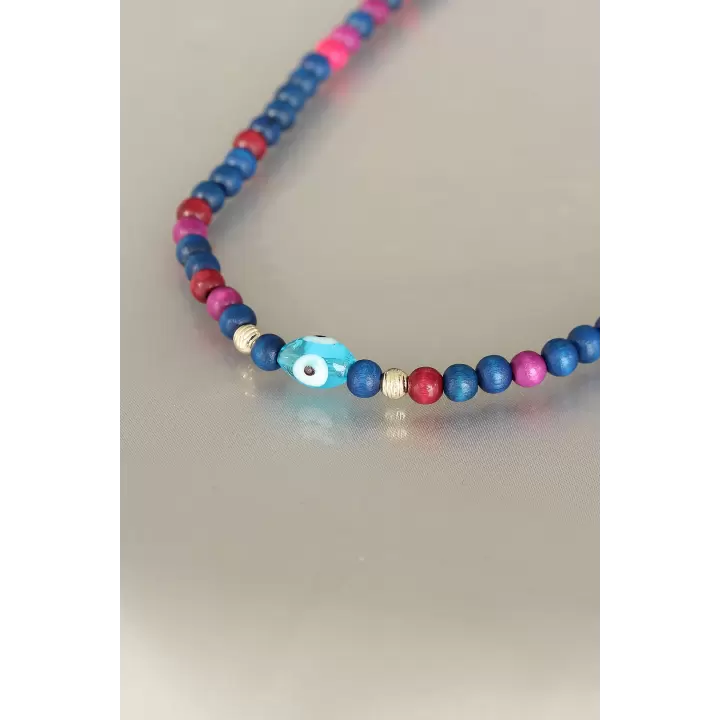 Lacivert Renk Tahta Boncuklu Kadın Kolye