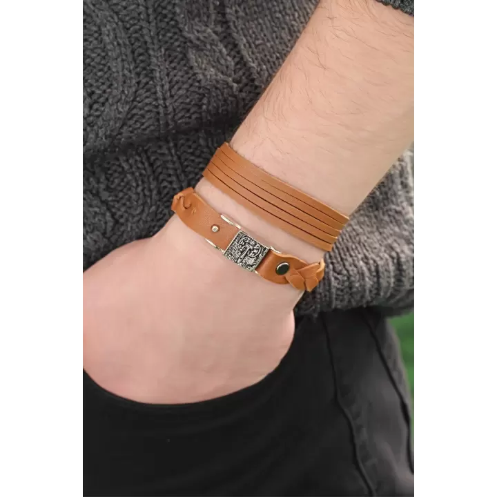 Metal Aksesuarlı Kahverengi Deri Erkek Bileklik Kombin