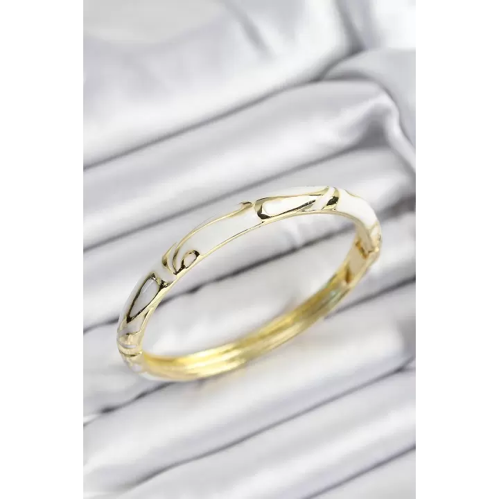 Mineli Pirinç Beyaz Mermer Motifli Gold Renk Kadın Kelepçe