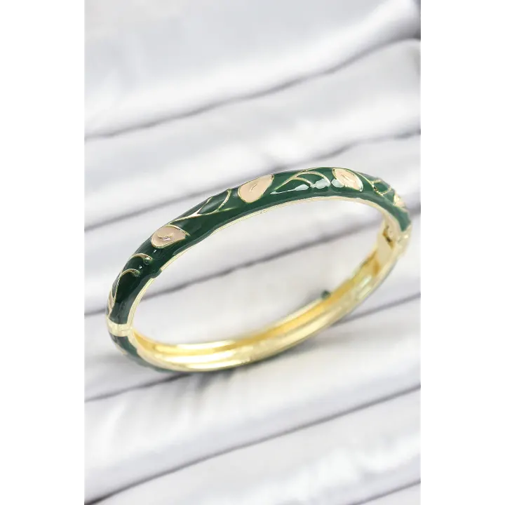 Mineli Pirinç Gold Renk Yeşil Çiçek Motifli Kadın Kelepçe