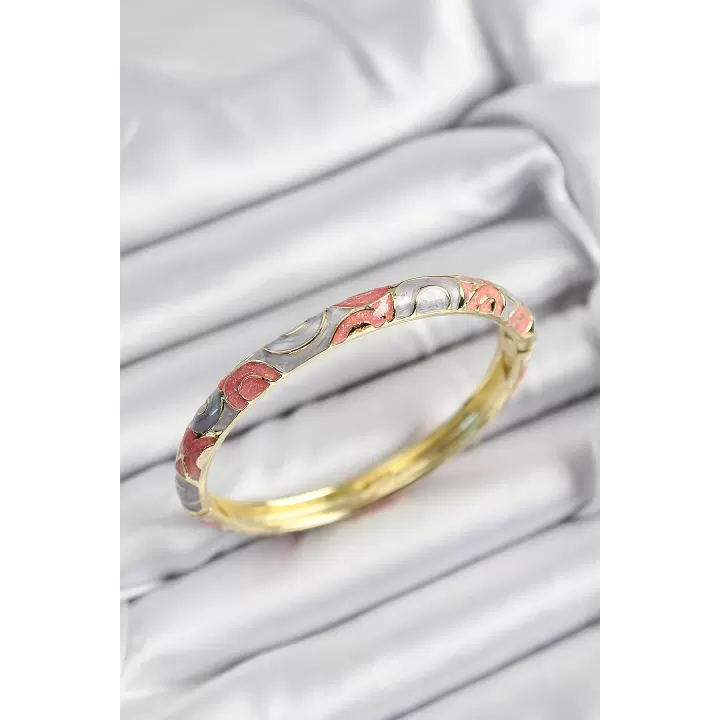 Mineli Pirinç Gri Ve Pembe Sarmal Motifli Gold Renk Kadın Kelepçe