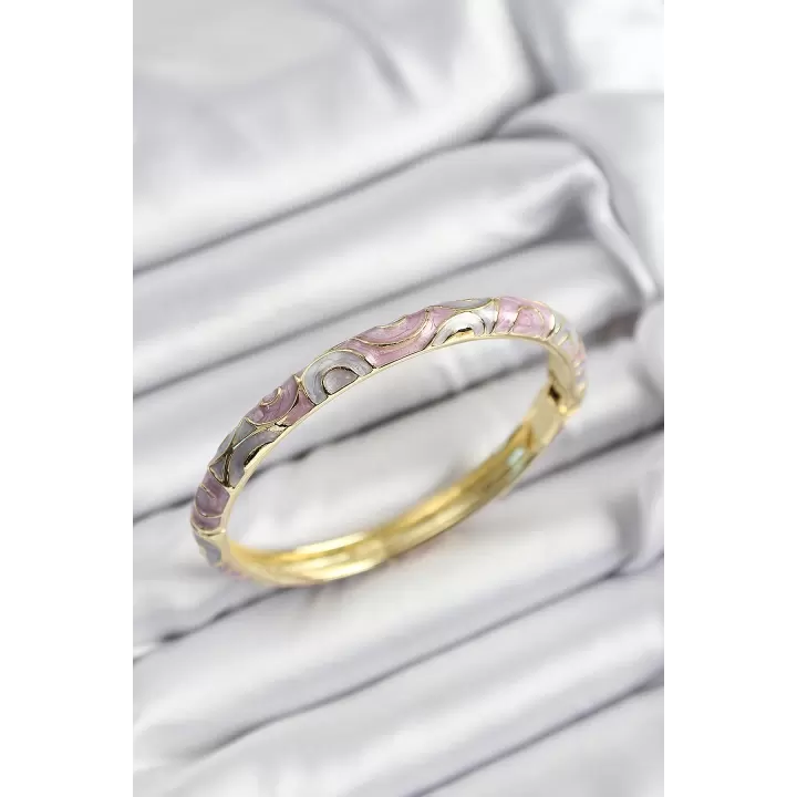 Mineli Pirinç Gri Ve Pembe Sarmal Motifli Gold Renk Kadın Kelepçe