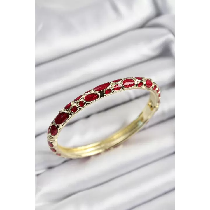 Mineli Pirinç Kırmızı Petek Motifli Gold Renk Kadın Kelepçe