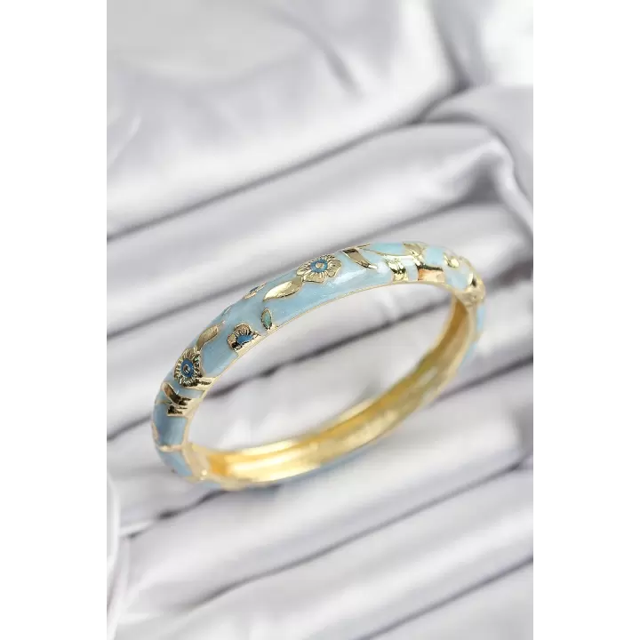 Mineli Pirinç Mavi Çiçek Motifli Gold Renk Kadın Kelepçe