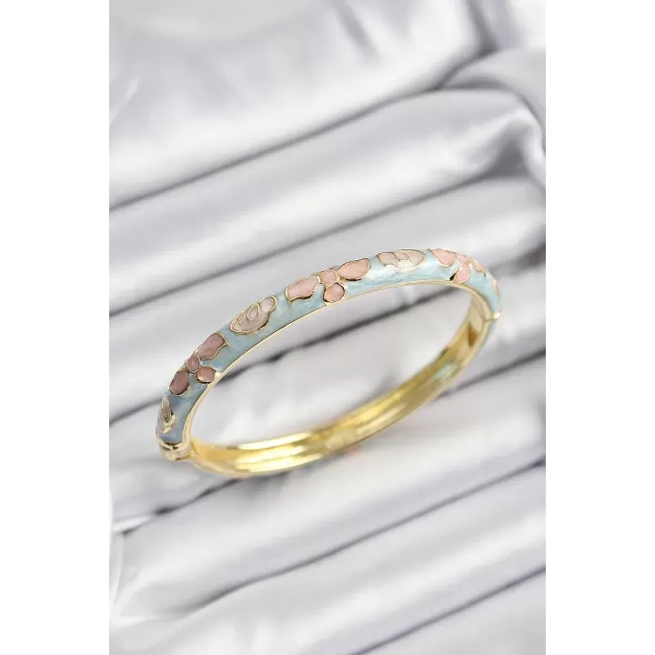 Mineli Pirinç Mavi Ve Pembe Çiçek Motifli Gold Renk Kadın Kelepçe