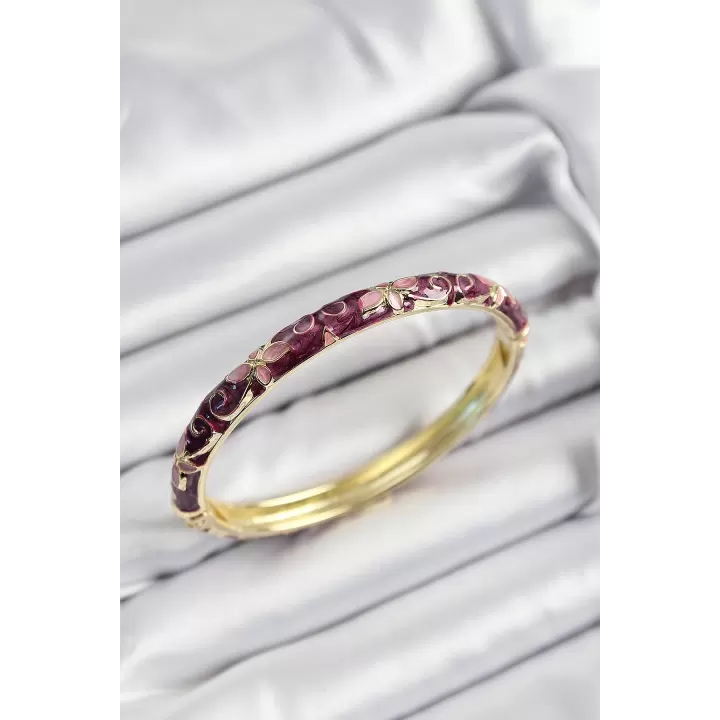 Mineli Pirinç Pembe Ve Fuşya Çiçek Motifli Gold Renk Kadın Kelepçe