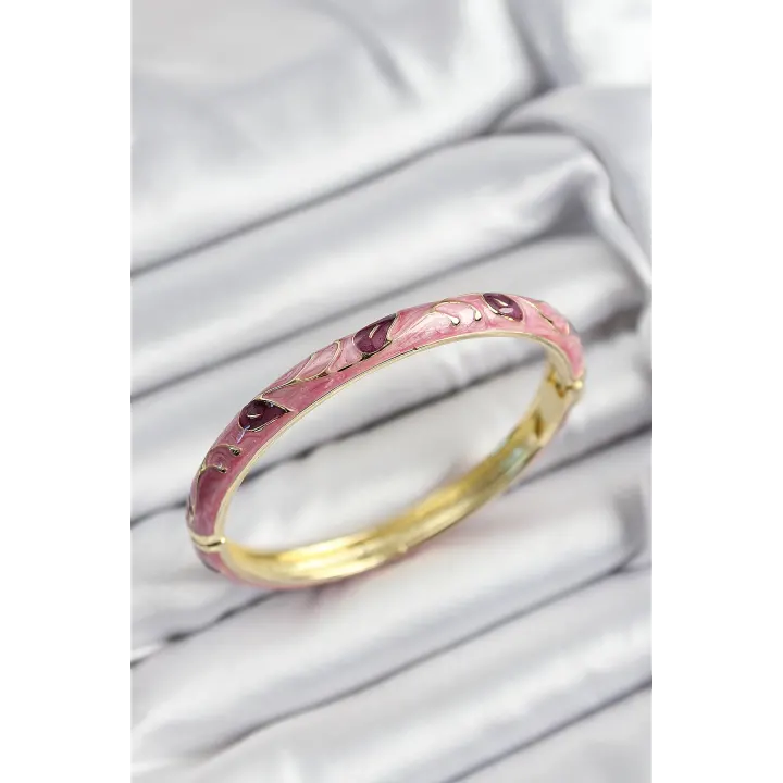 Mineli Pirinç Pembe Ve Fuşya Yaprak Motifli Gold Renk Kadın Kelepçe