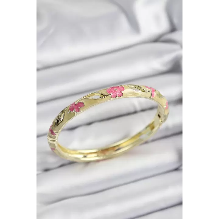 Mineli Pirinç Pembe Ve Hardal Çiçek Motifli Gold Renk Kadın Kelepçe