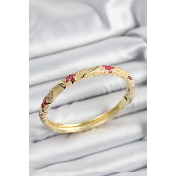 Mineli Pirinç Pembe Ve Krem Çiçek Motifli Gold Renk Kadın Kelepçe
