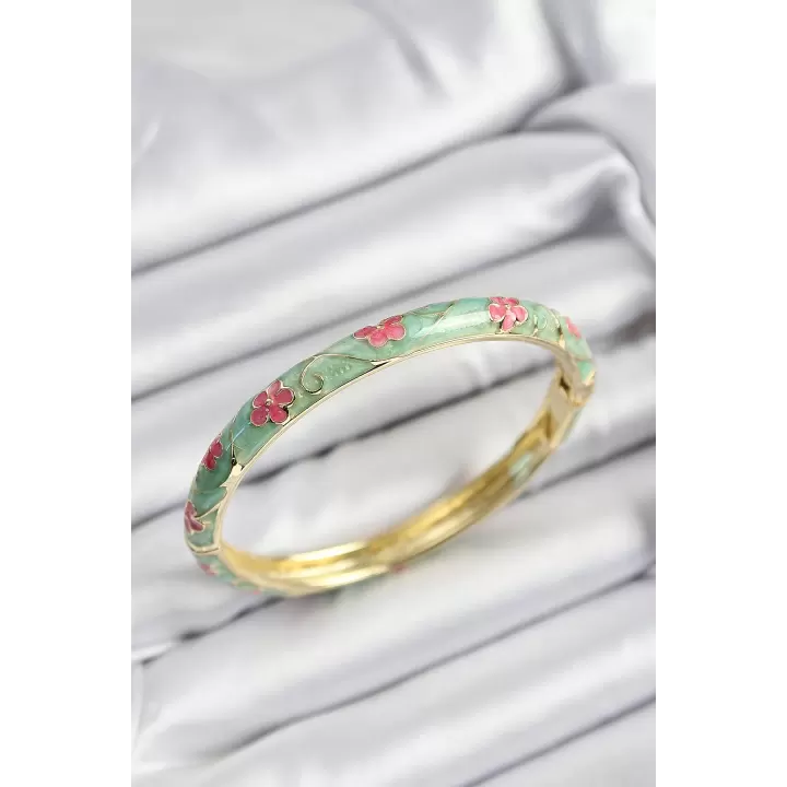 Mineli Pirinç Pembe Ve Yeşil Çiçek Motifli Gold Renk Kadın Kelepçe